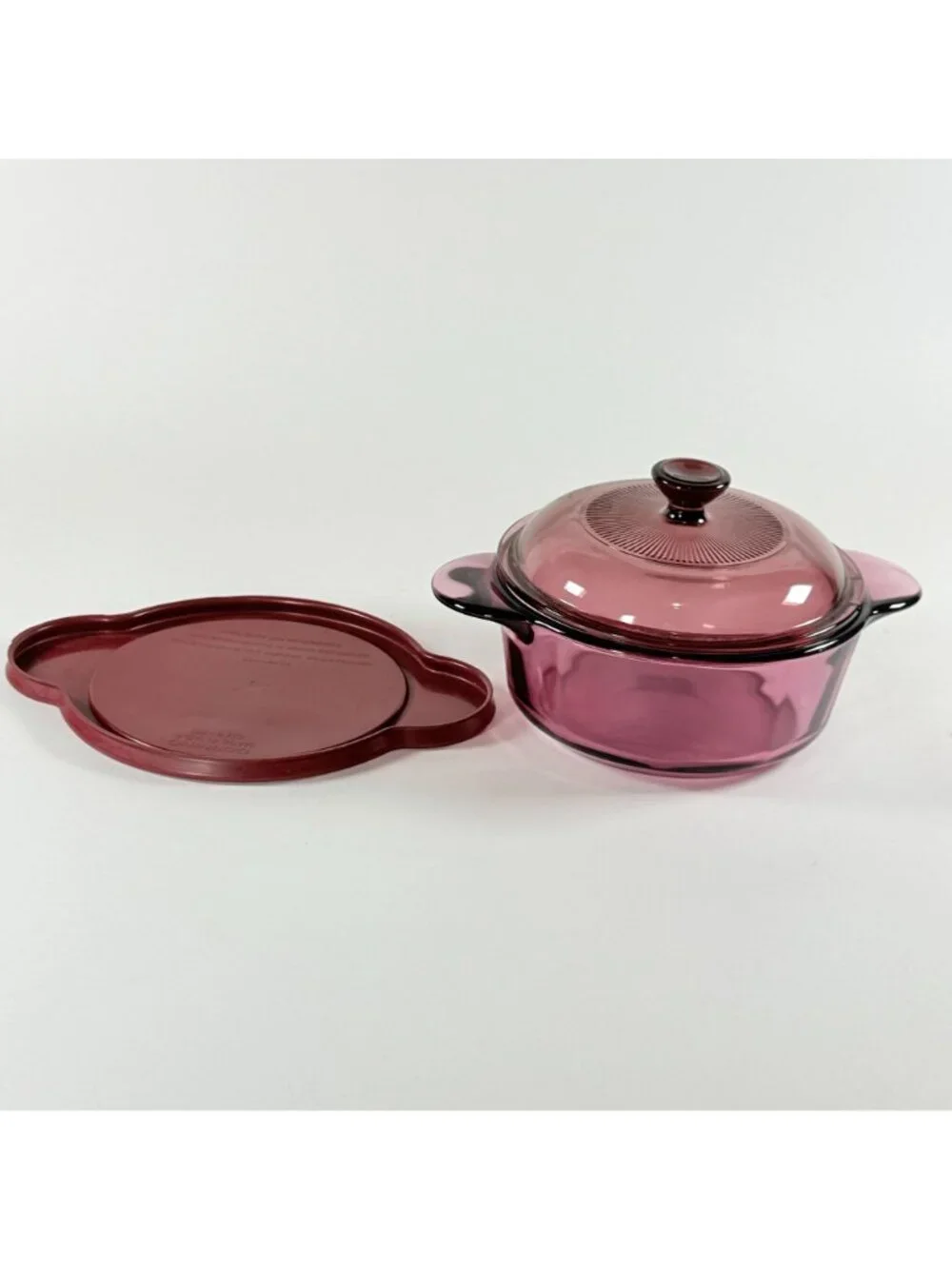 Visions Cranberry Glass 1 Qt Casserole Dish With Lid & Plastic Cover 1174